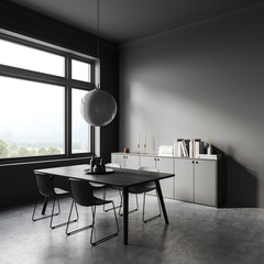 Grey dining room interior with table and chairs, shelf and window. Copy space