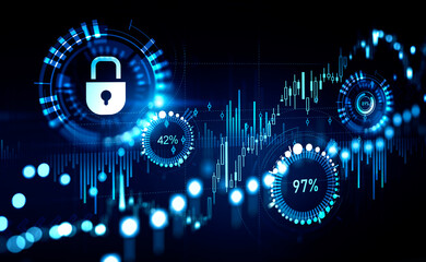 Stock market graph chart with percentage circle and cybersecuirty padlock
