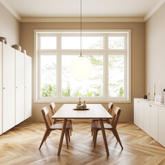 Side view on bright dining room interior with dining table