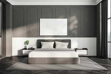 Grey bedroom interior with bed and nightstand with decoration. Mockup frame