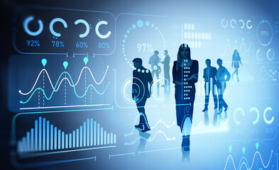 Teamwork silhouette and digital business data chart, percentage circle