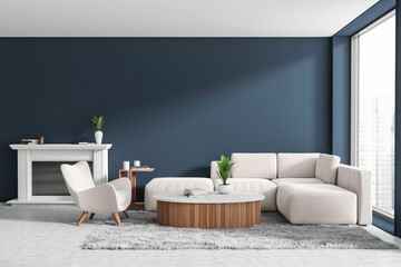 Stylish living room interior with sofa, fireplace and panoramic window
