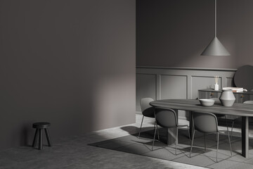 Dark meeting room interior with table and chairs, drawer. Copy space