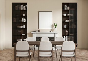 Light dining room interior with table and chairs, fireplace. Mockup frame