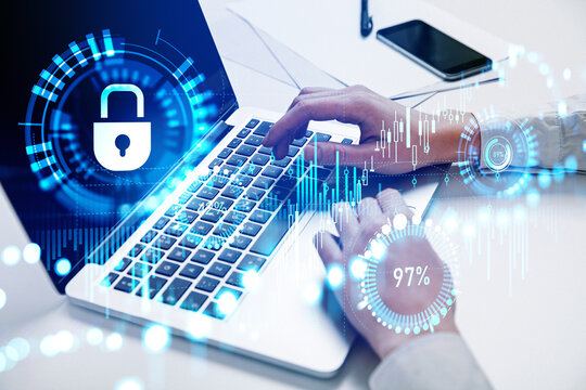 Businessman hands typing in laptop, financial analysis hud with padlock