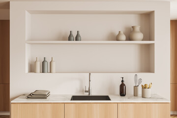 Fototapeta na wymiar Light cooking space interior with sink and minimalist kitchenware