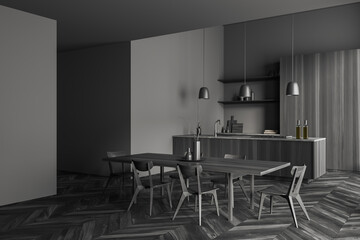 Grey kitchen interior with table and seats, cooking and dining area