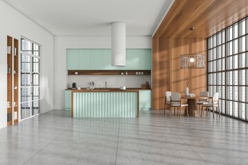 Light kitchen interior with cooking and eating area with decor, panoramic window