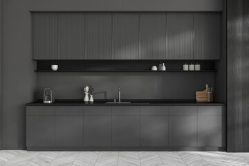 Grey kitchen interior with shelves and kitchenware, cooking area