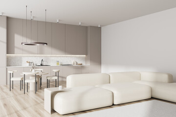 Light studio interior with relax and dining area with mockup empty wall