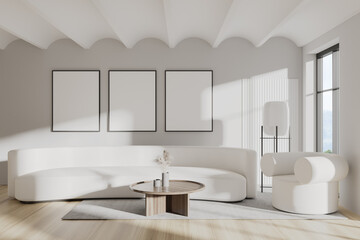 Light living room interior with couch and panoramic window. Mockup frames