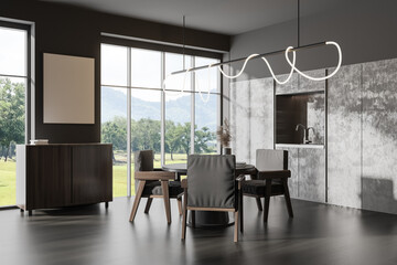 Grey kitchen interior with dining area and panoramic window. Mockup frame