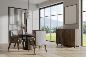 Stylish living room interior with dining table, drawer and window. Mockup frame