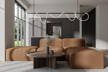 Modern studio interior with relax and cooking area with panoramic window