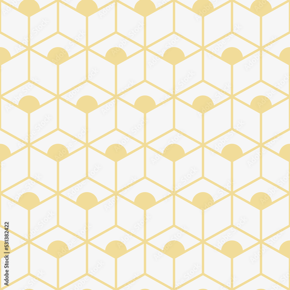 Poster abstract geometric seamless pattern, simple gold dot in cube line texture on white background design