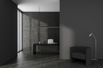 Grey office interior with chill area and workspace. Mockup empty wall