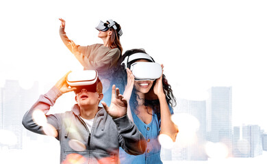 Multinational young people working in vr glasses, Singapore city