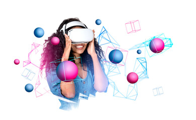 Black woman portrait in vr glasses working in metaverse, floating objects