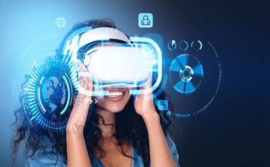 Black businesswoman portrait in vr glasses headset, digital hologram hud with virtual screen, earth...