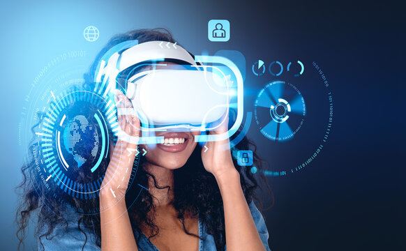 Black businesswoman portrait in vr glasses headset, digital hologram hud with virtual screen, earth sphere and binary. Concept of futuristic technology and metaverse