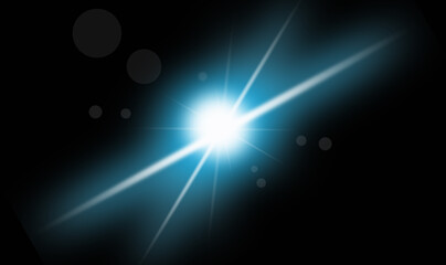 Fototapeta premium The sun or the big stars twinkle and the bokeh circles. Colorful, soft, elegant flare effect. Black cosmic background.