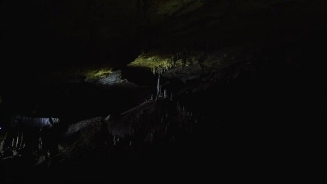 Stalactites and stalagnites in Prometheus Cave, Georgia.