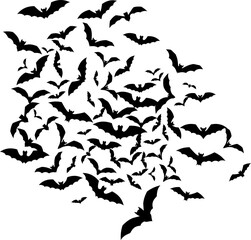 Bat swarm. Flying bat silhouette. Halloween Decoration element.