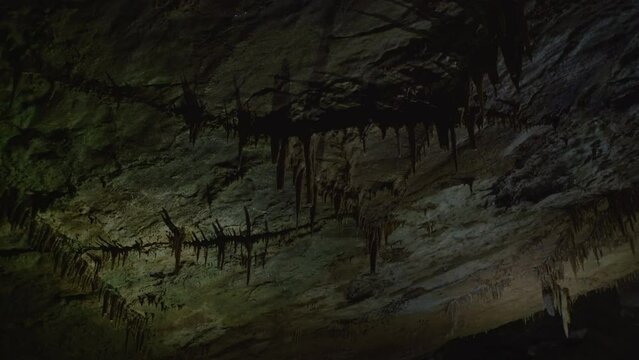 Stalactites and stalagnites in Prometheus Cave, Georgia.