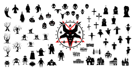 Set of silhouettes for the celebration of Halloween on a white background. Collection of vector black and white icons. Design elements for use in greeting cards.