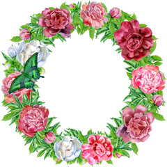 Lush luxury wreath of peonies and butterfly