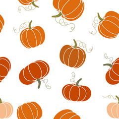 Seamless pattern with cozy orange pumpkins, green pumpkin leaves. Vector cartoon illustration, hello autumn. Thanksgiving day background. Hygge time. Halloween party kitchen linen decor with squash.