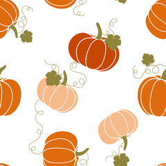 Thanksgiving day background. Vector cartoon illustration, hello autumn. Seamless pattern with cozy orange pumpkins, green pumpkin leaves. Hygge time. Halloween party kitchen linen decor with squash. - 531384677
