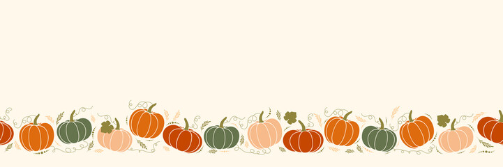 Vector illustration with cozy pumpkins. Horizontal seamless pattern, cute squash. Thanksgiving background for linen, textiles, banner. Halloween party with gourds. Hygge design. - 531384696