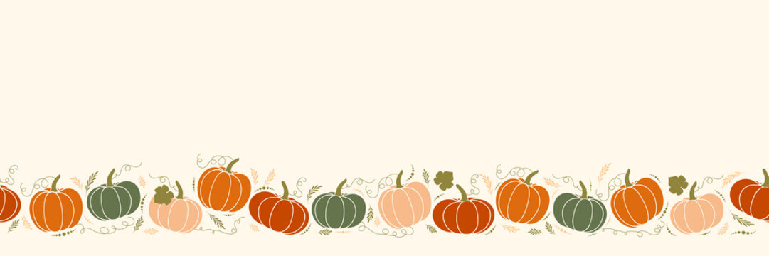 Vector illustration with cozy pumpkins. Horizontal seamless pattern, cute squash. Thanksgiving background for linen, textiles, banner. Halloween party with gourds. Hygge design.