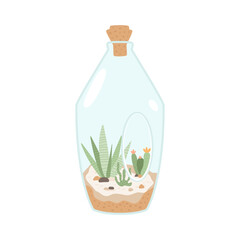 Mini garden in glass bottle with cork. Miniature handicraft florarium. Floral terrarium with cactus, succulent, tropical leaves on sandy background. Vector isolated illustration.