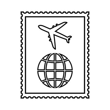Postal stamp line icon with airplane and globe picture. International postal stamp with perforation holes. Vector Illustration