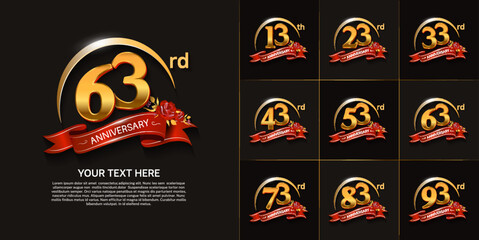 set of anniversary with gold color, swoosh and red ribbon can be use for celebration moment