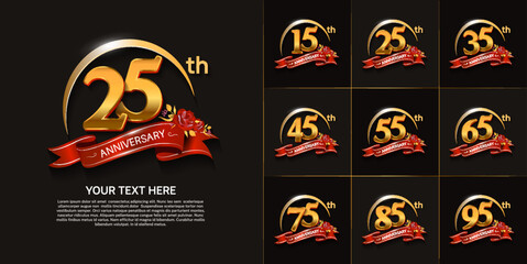set of anniversary with gold color, swoosh and red ribbon can be use for celebration moment