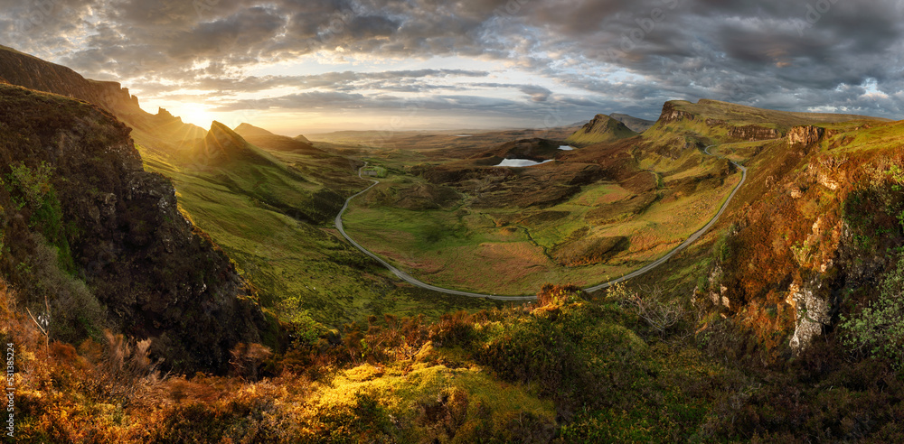 Sticker Beautiful scotland mountain panorama landscape at sunrise in Isle od Skye, Quiraing hill