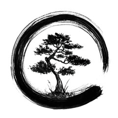 Enso Zen Circle and bonsai tree hand Brush Ink Black Vector Illustration