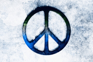 Peace symbol on a burnt background. Blue colored.