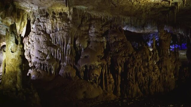 Stalactites and stalagnites in Prometheus Cave, Georgia.