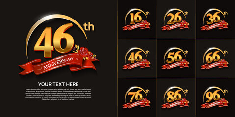 set of anniversary with gold color, swoosh and red ribbon can be use for celebration moment