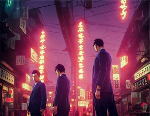 Foto op Aluminium Yakuza gang with neon light in city. Yakuza gang members during Sanja Matsuri Festival  © The Stock Guy