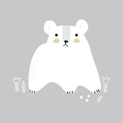 Cute Polar Bear on a Gray Background. Simple Hand Drawn Vector Illustration with White Baby Bear Among Flowers ideal for Card, Poster, Wall Art. Winter Animal. Kids' Room Printable Decoration.