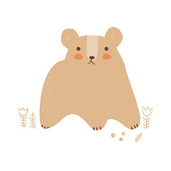 Cute Brown Bear on a White Background. Simple Hand Drawn Vector Illustration with Little Baby Bear Among Flowers ideal for Card, Poster, Wall Art. Woodland Animal. Kids' Room Printable Decoration