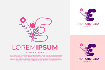 letter E logo design vector template illustration with flowers