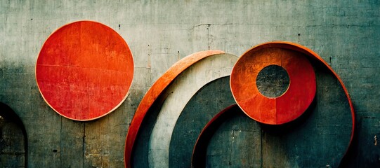 Orange and green Abstract aging enamel painted steel circle cutout metal sheets - minimalistic patterns, rough grungy industrial rust texture. Modern digital art background, highly detailed.