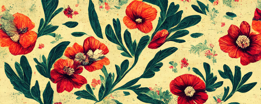 abstract pattern on the fabric in the form of flowers in warm shades of red, green and cream