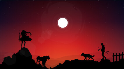 Fototapeta premium samurai anime wallpaper. samurai boy want to fight with lady samurai. samurai battle background with anime style. samurai fight at night.
